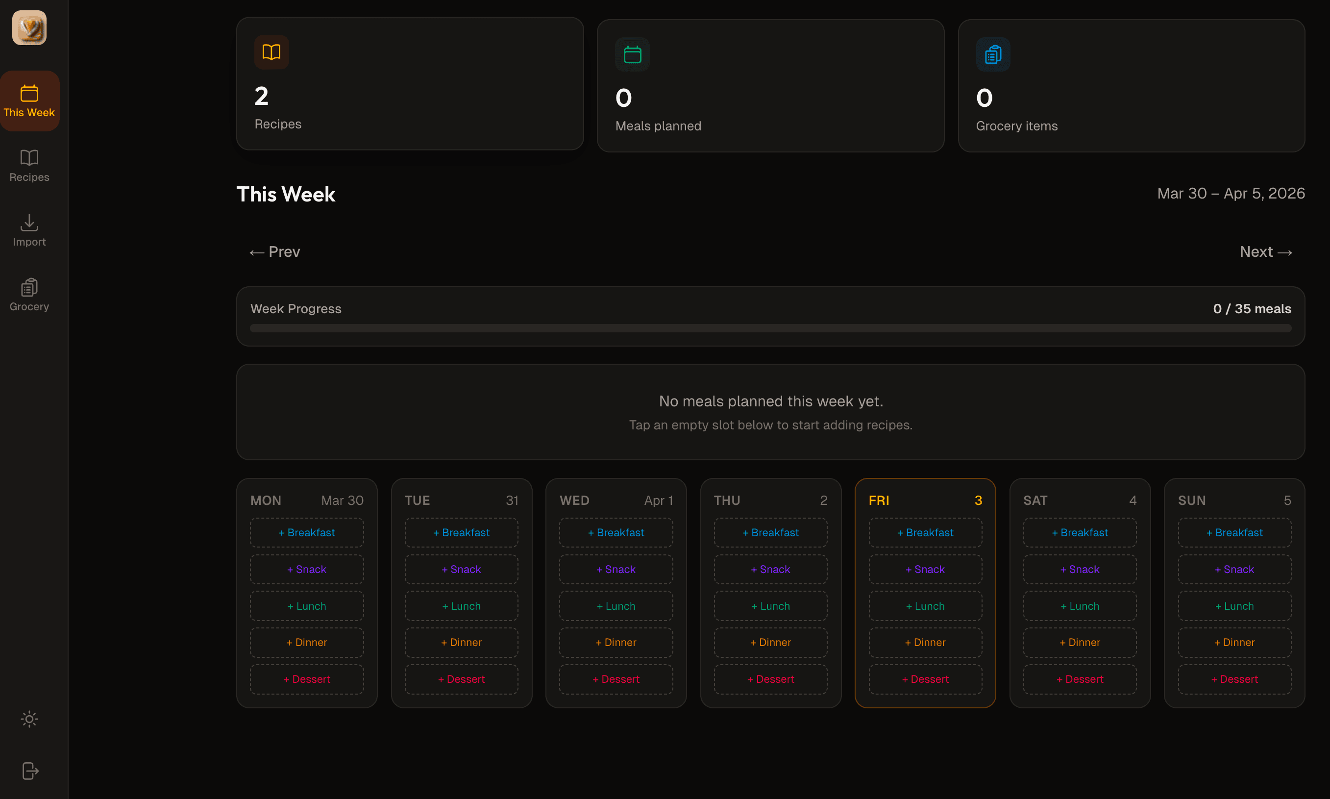 kDOUGH Weekly Meal Planner Dashboard